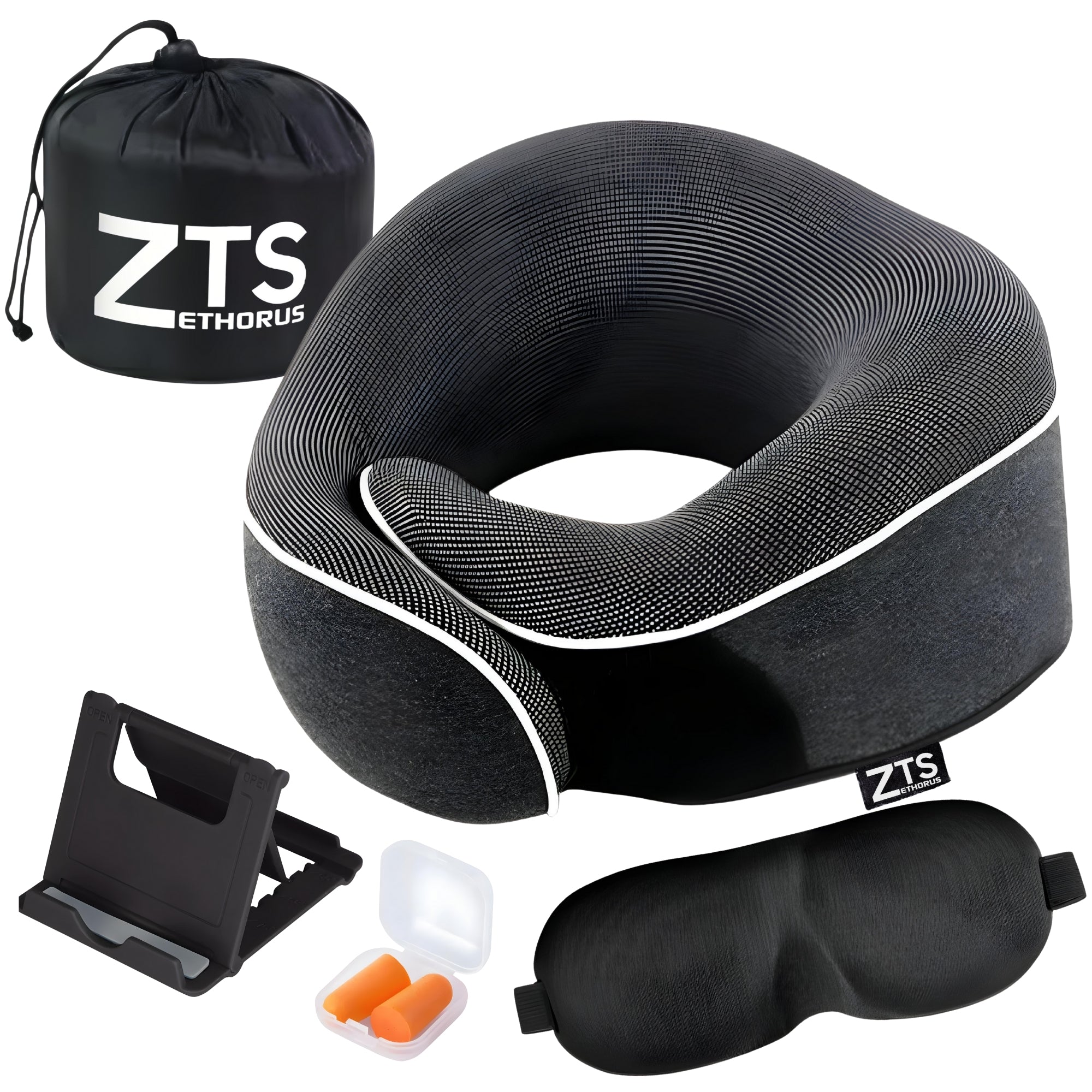 Kit de Viaje de pack de 4, antifaz, soporte de movil, almohada de cuello y tapones de oido