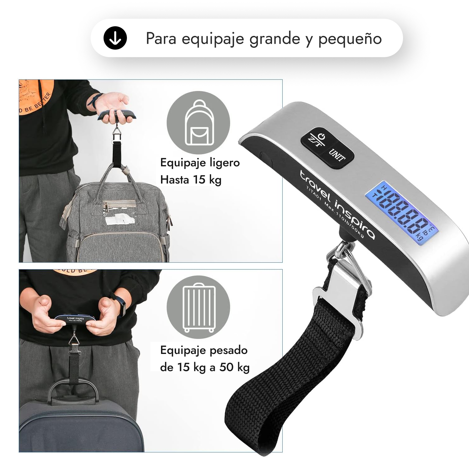 Bascula viajera, bascula de peso de equipaje, portátil, soporta hasta de 50kg, de facil almacenamiento